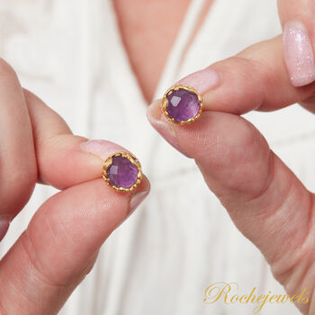 Purple Amethyst Textured Gold And Silver Stud Earrings, 4 of 11