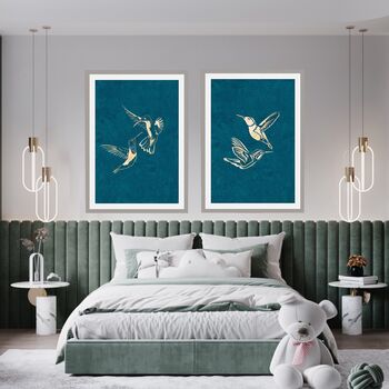 Gold Turquoise Hummingbird Silhouettes Wall Art Print, 2 of 5