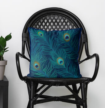 Peacock Cushion, Feathers On Blue, Multiple Cols Avail, 4 of 9