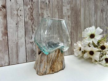 Handcrafted Molten Glass Bowl On Natural Driftwood, 6 of 6