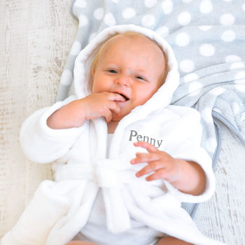 Personalised Soft Baby Dressing Gown In White, 5 of 10