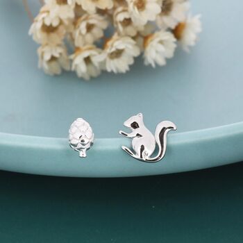 Mismatched Pine Cone And Squirrel Stud Earrings In Sterling Silver, 6 of 12