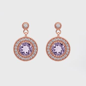 Round 18k Rose Gold Plated Amethyst Drop Earrings, 2 of 3