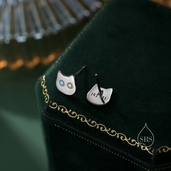 Black Odd Eyed Cat Stud Earrings In Sterling Silver, 8 of 12