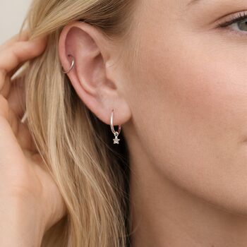 Sterling Silver Star Charm Huggie Sleeper Hoop Earrings – 10mm, 2 of 10