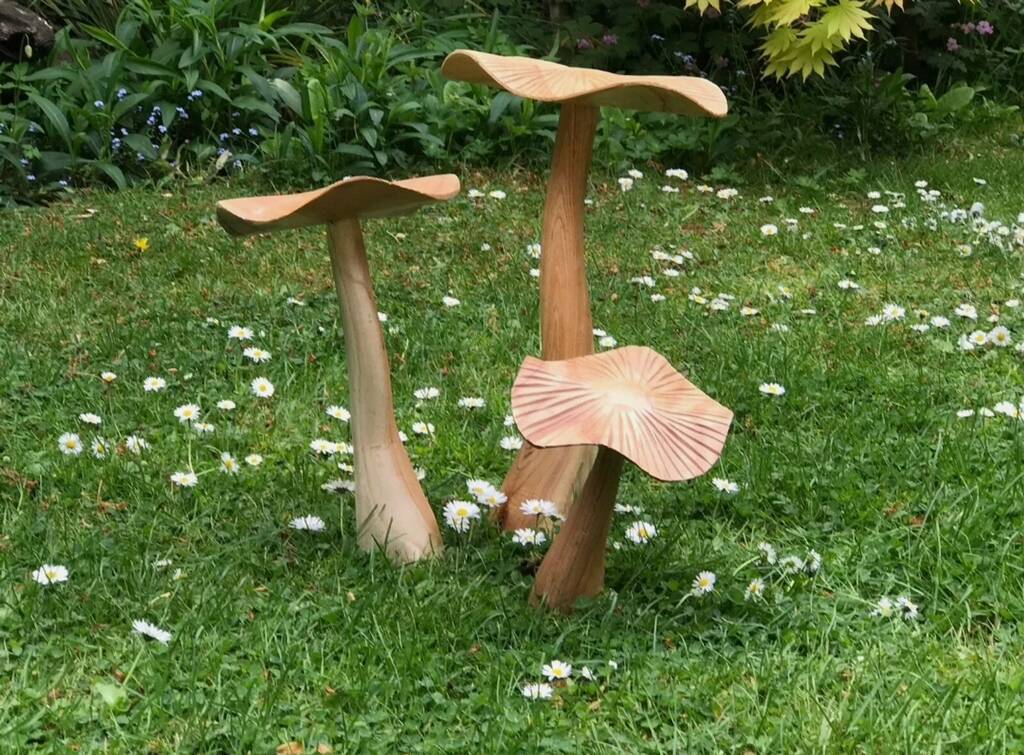 Wooden Toadstool Trio and Plinth Garden Sculpture Buy Wooden
