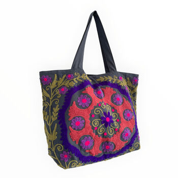 Embroidered Suzani Shoulder Bag In Dark Grey, 7 of 12