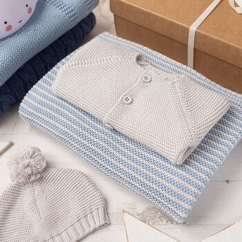 Baby Boy Cosy Cardigan And Blue Mini Stripe Blanket Set, 5 of 12