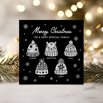 Personalised Family Or Friends Christmas Card With Foiled Christmas Wooly Hats, 2 of 10