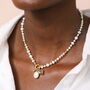 Semi Precious Beaded Pearl Heart Charm Necklace In Gold Plating, thumbnail 1 of 4