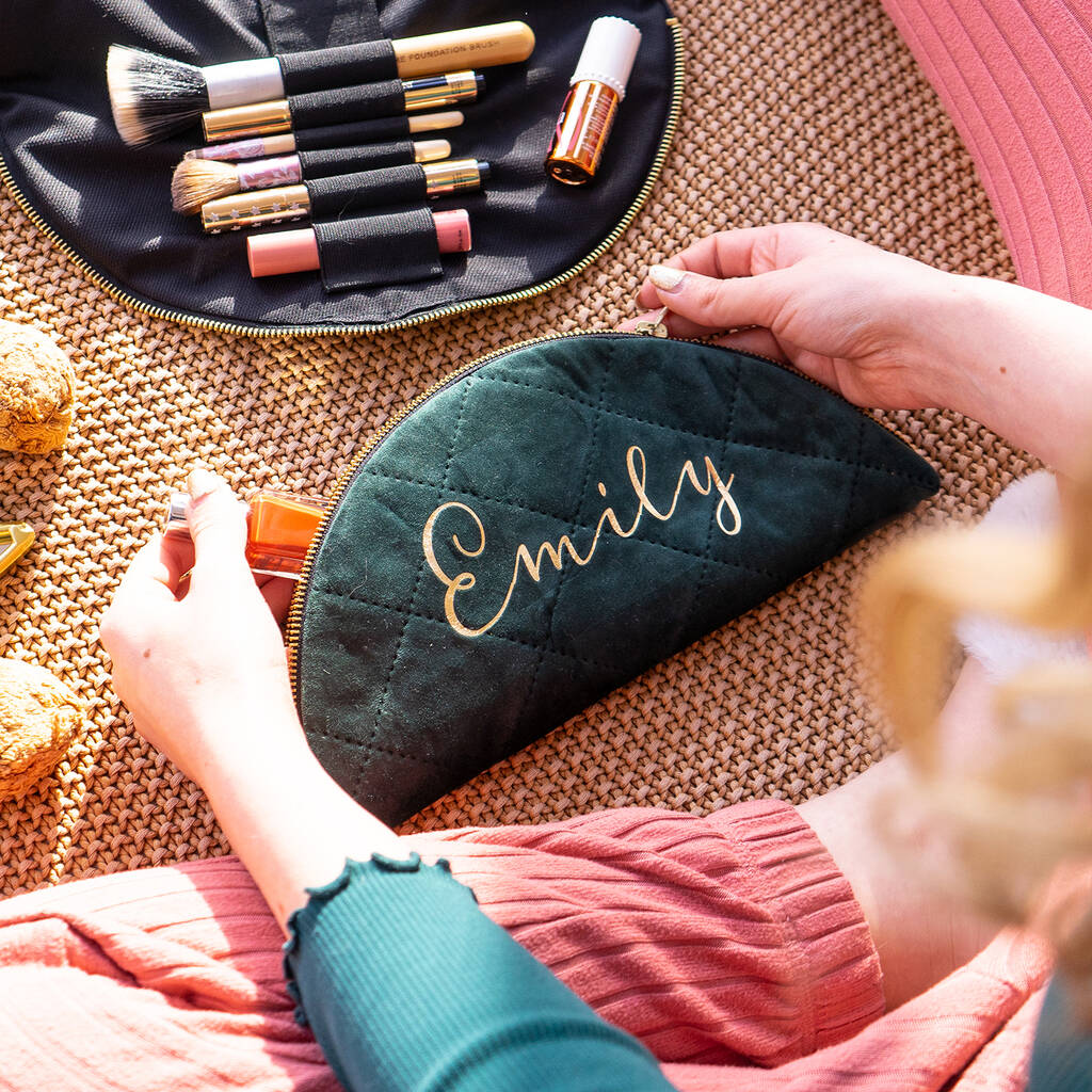 Personalised Quilted Velvet Flat Lay Makeup Bag, 1 of 8