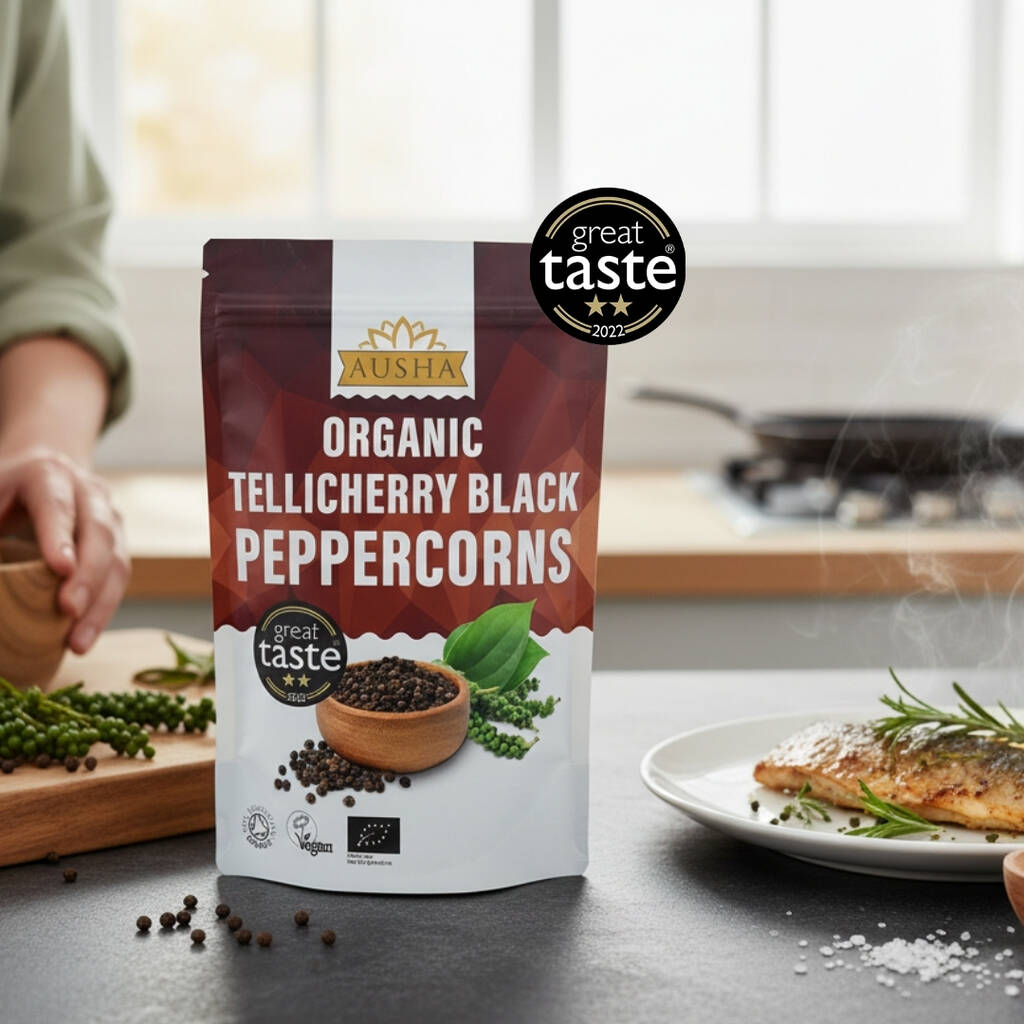 Ausha Organic Tellicherry Black Peppercorns Whole 500g Great Taste Award 2025 UK Certified Organic By Soil Association, 1 of 12