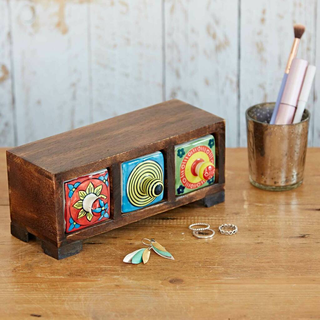 Handcrafted Wooden Three Drawer Trinket Box By Paper High