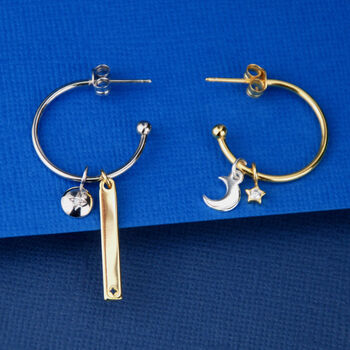 Mismatched Moon And Star Charm Hoop Earrings, 3 of 6