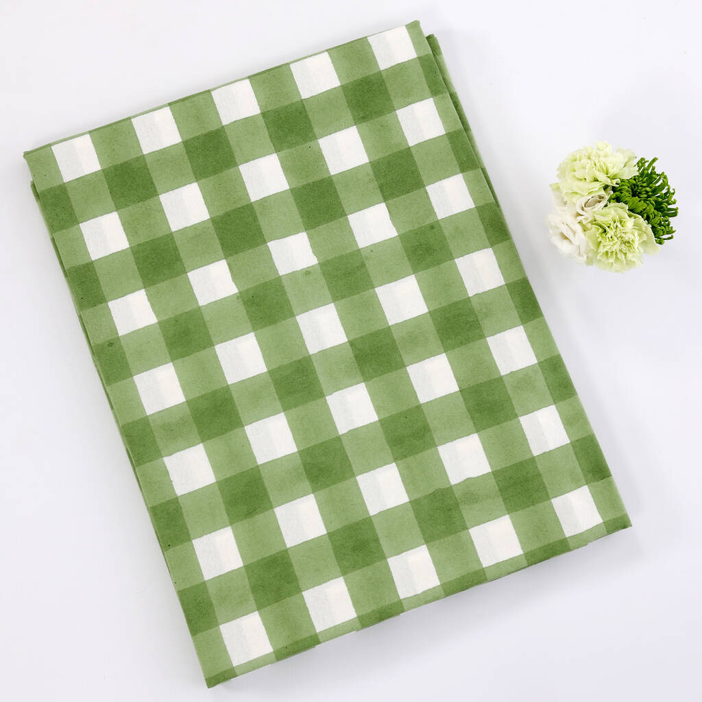 Green Gingham Handblock Printed Tablecloth By Monica Pepper