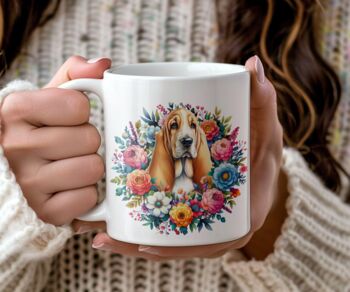 Personalised Basset Hound Summer Floral Dog Wreath Cushion And Mug Gift Bundle, 2 of 4