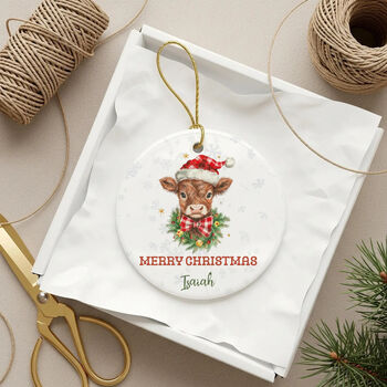 Custom Highland Cow Merry Christmas Ceramic Ornament, 6 of 10