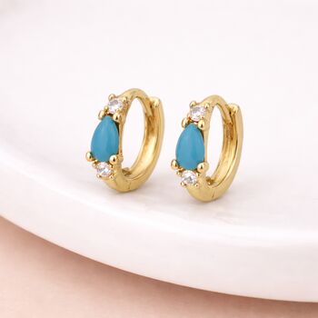 Gold Plated Sterling Silver Turquoise Huggie Hoop Earrings – 10mm, 2 of 6