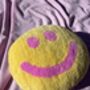 Handmade Tufted Yellow And Pink Smiley Face Cushion, thumbnail 3 of 5