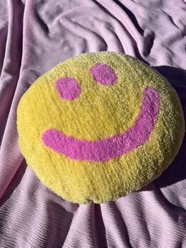 Handmade Tufted Yellow And Pink Smiley Face Cushion, 3 of 5