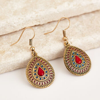 Antique Look Red Stoned Teardrop Earrings, 2 of 3