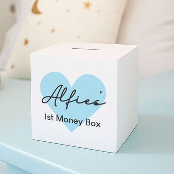 Personalised Pink Or Blue Heart Wooden Money Box, 2 of 6