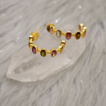 Pink Green Tourmaline Silver Hoop Earrings, 2 of 12