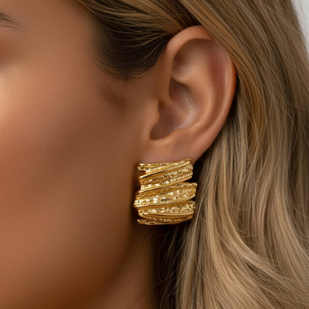 Women’s Large Rectangular Textured Stud Earrings In 18k Gold, Statement Jewellery, 1 of 4