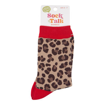Leopard Print Contrast Cuff Women's Bamboo Socks Beige Red, 3 of 5