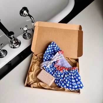 Blue Polka Bath Hat Cotton Flower Soap Gift Set, 3 of 5