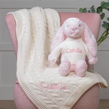 Personalised Blanket And Bashful Bunny In Pink/Cream, 2 of 7