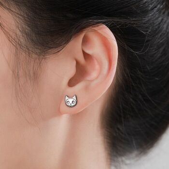 Cute Cat Skull Stud Earrings In Sterling Silver, 6 of 11