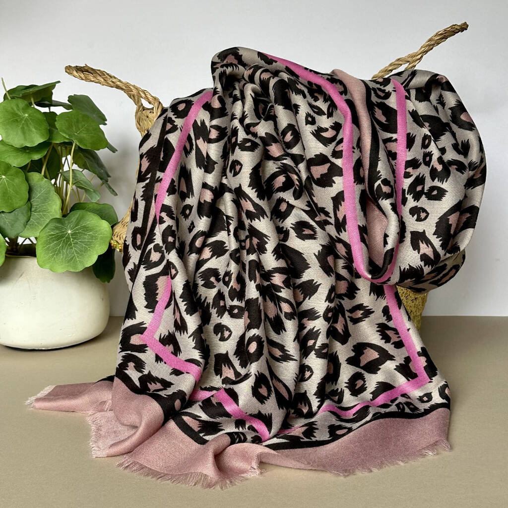 Leopard Print Scarf With Double Pink Border, 1 of 3