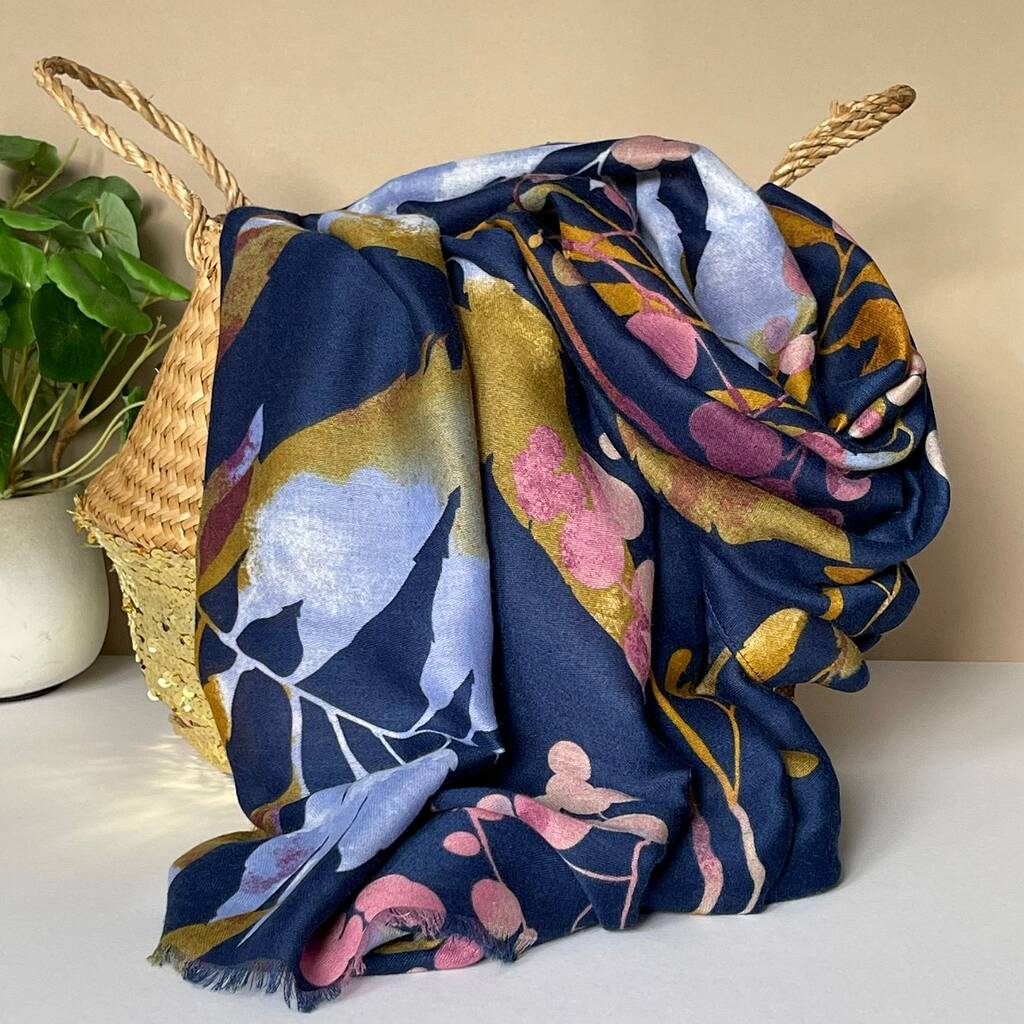 Autumn Leaves Print Scarf In Navy Blue, 1 of 3