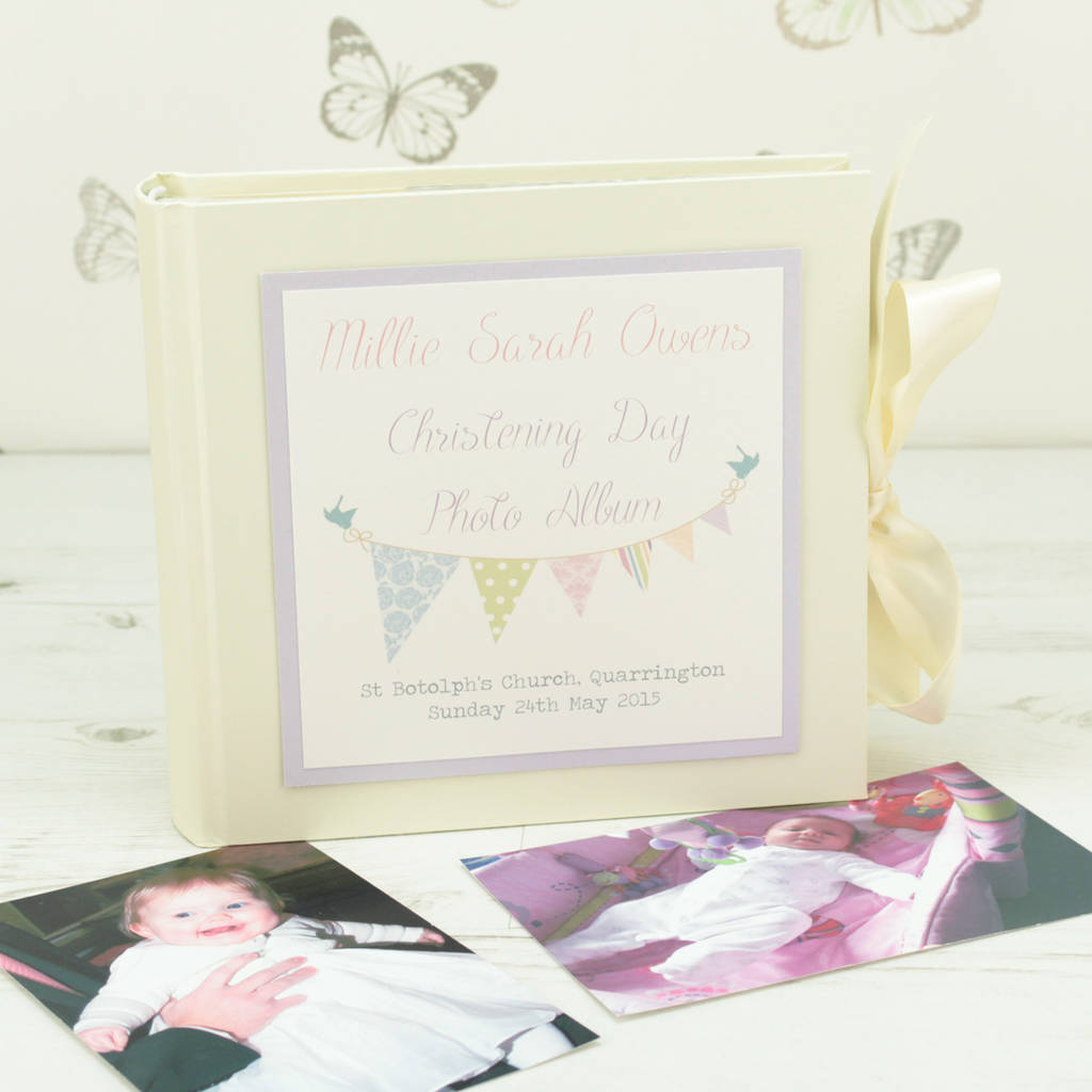 personalised bunting christening photo album by dreams to reality design ltd