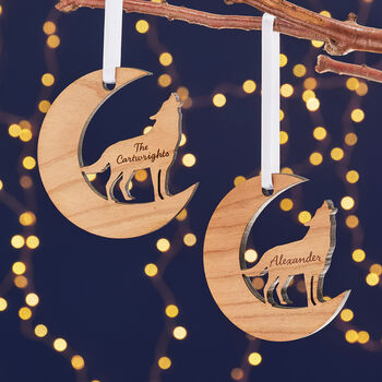 Starry Wolf Wood Personalised Christmas Decoration, 2 of 9