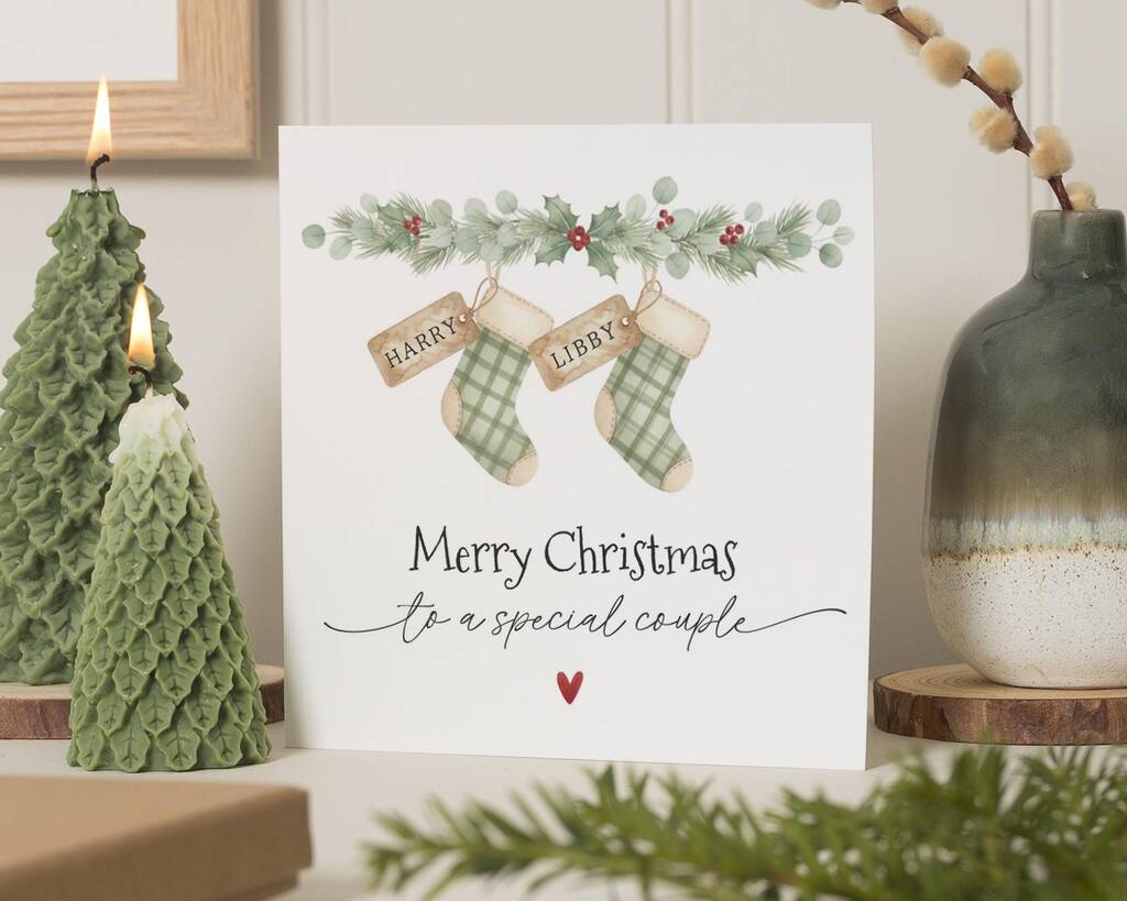 Personalised Stocking Christmas Card For Special Couple, 1 of 7
