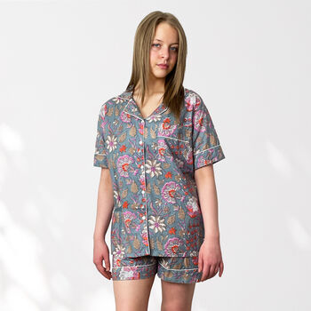 Floral 100% Cotton Ladies Pyjama Short Set In Grey And Pink, 3 of 9