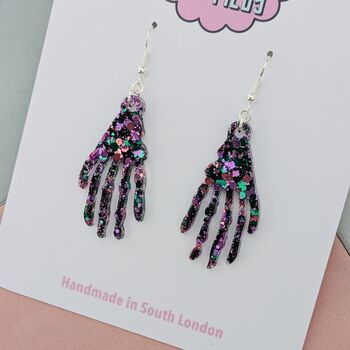 Skeleton Hand Glitter Resin Earrings / Gothic Jewellery Small Sparkly Bone Earrings / Gift For Goths Small Sparkly Skeletal Accessory / Halloween Jewellery, 2 of 4