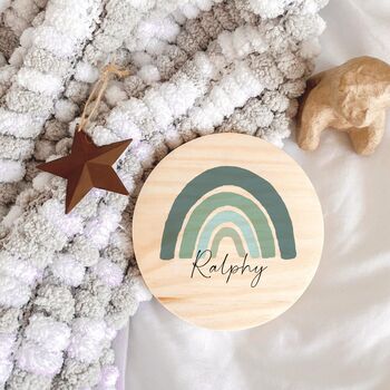 Personalised Blue Rainbow Name Plaque | Wooden Nursery Name Sign, 8 of 11