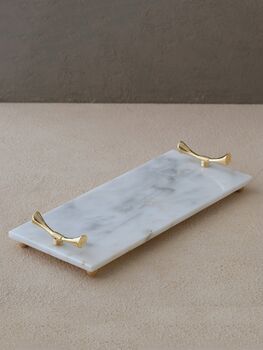 Handmade Rectangular White Marble Tray With Gold Square Handles, 3 of 9