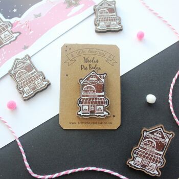 Christmas Wooden Pin Badge, Gingerbread Bookshop, 3 of 3