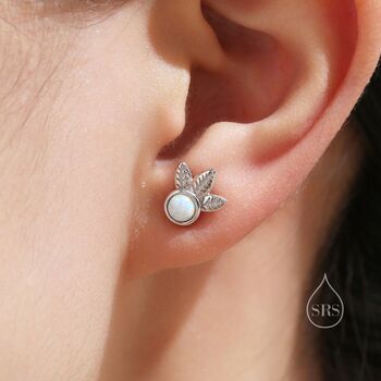 Sterling Silver White Opal And Leaf Motif Stud Earrings, 8 of 12
