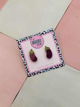 Aubergine Glitter Resin Studs / Chef Gift / Fun Food Inspired Jewellery / Handmade Resin Earrings, 4 of 5