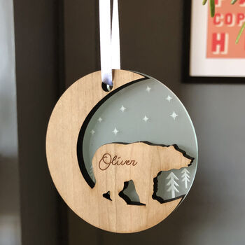 Starry Bear Wood Personalised Christmas Decoration, 6 of 7