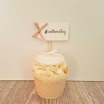 Set Of Ten Personalised Hashtag Wedding Cupcake Toppers, 3 of 6
