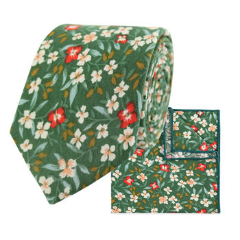 Wedding 100% Cotton Flower Print Tie Green, 5 of 7