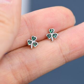 Sterling Silver Green Cz Shamrock Tiny Stud Earrings, 2 of 12