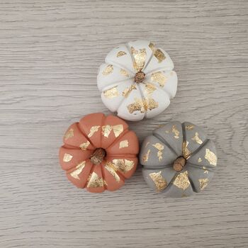 Set Of Three Mini Clay Pumpkins With Gold Leaf Details, 2 of 4