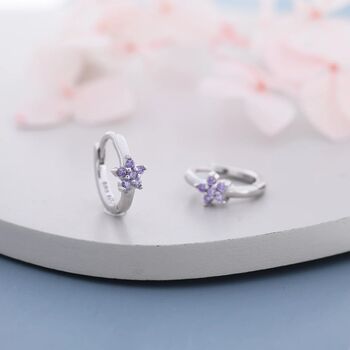 Amethyst Purple Cz Flower Huggie Hoop Earrings, 3 of 9
